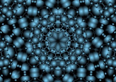 Dijital illüstrasyon, geometrik soyut renkli kaleydoskop simetrik desen ve gradyan etkisi. Klasik güzel dekoratif mavi arkaplan