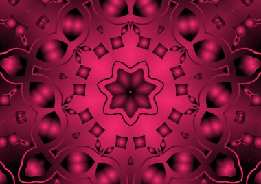 Dijital illüstrasyon, geometrik soyut renkli kaleydoskop simetrik desen ve gradyan etkisi. Klasik güzel dekoratif kırmızı arkaplan