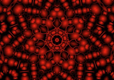 Dijital illüstrasyon, geometrik soyut renkli kaleydoskop simetrik desen ve gradyan etkisi. Klasik güzel dekoratif kırmızı arkaplan