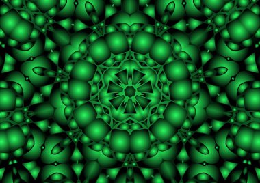 Dijital illüstrasyon, geometrik soyut renkli kaleydoskop simetrik desen ve gradyan etkisi. Klasik güzel dekoratif yeşil arkaplan