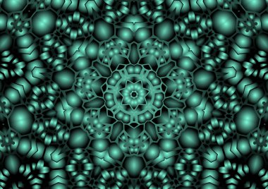 Dijital illüstrasyon, geometrik soyut renkli kaleydoskop simetrik desen ve gradyan etkisi. Klasik güzel dekoratif yeşil arkaplan