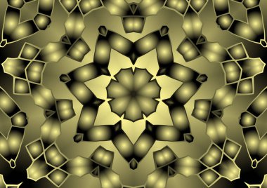 Dijital illüstrasyon, geometrik soyut renkli kaleydoskop simetrik desen ve gradyan etkisi. Klasik güzel dekoratif sarı arkaplan