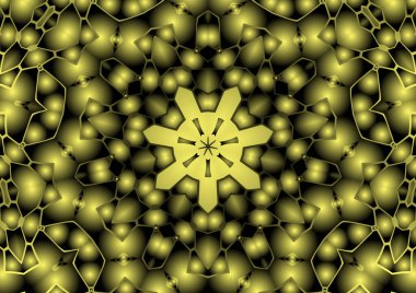 Dijital illüstrasyon, geometrik soyut renkli kaleydoskop simetrik desen ve gradyan etkisi. Klasik güzel dekoratif sarı arkaplan