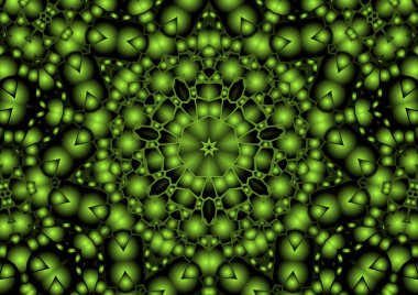 Dijital illüstrasyon, geometrik soyut renkli kaleydoskop simetrik desen ve gradyan etkisi. Klasik güzel dekoratif yeşil arkaplan