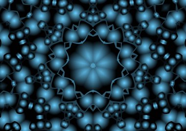 Dijital illüstrasyon, geometrik soyut renkli kaleydoskop simetrik desen ve gradyan etkisi. Klasik güzel dekoratif mavi arkaplan