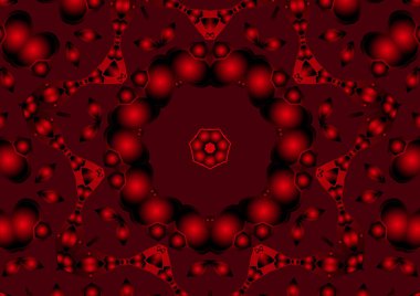 Dijital illüstrasyon, geometrik soyut renkli kaleydoskop simetrik desen ve gradyan etkisi. Klasik güzel dekoratif kırmızı arkaplan