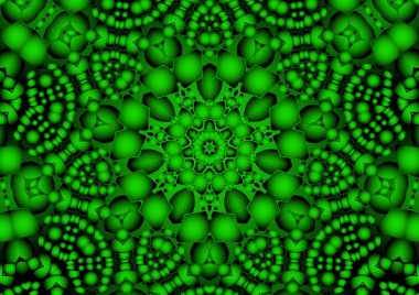 Dijital illüstrasyon, geometrik soyut renkli kaleydoskop simetrik desen ve gradyan etkisi. Klasik güzel dekoratif yeşil arkaplan