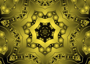 Dijital illüstrasyon, geometrik soyut renkli kaleydoskop simetrik desen ve gradyan etkisi. Klasik güzel dekoratif sarı arkaplan