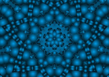 Dijital illüstrasyon, geometrik soyut renkli kaleydoskop simetrik desen ve gradyan etkisi. Klasik güzel dekoratif mavi arkaplan
