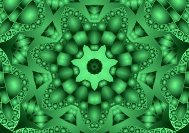 Dijital illüstrasyon, geometrik soyut renkli kaleydoskop simetrik desen ve gradyan etkisi. Klasik güzel dekoratif yeşil arkaplan