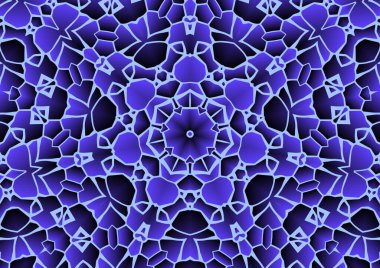 Dijital illüstrasyon, geometrik soyut renkli kaleydoskop simetrik desen ve gradyan etkisi. Klasik güzel dekoratif arkaplan
