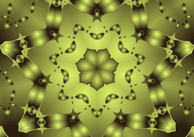 Dijital illüstrasyon, geometrik soyut renkli kaleydoskop simetrik desen ve gradyan etkisi. Klasik güzel dekoratif sarı arkaplan