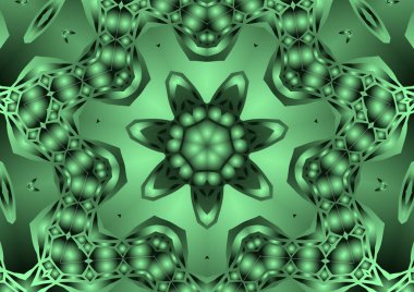 Dijital illüstrasyon, geometrik soyut renkli kaleydoskop simetrik desen ve gradyan etkisi. Klasik güzel dekoratif yeşil arkaplan