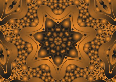 Dijital illüstrasyon, geometrik soyut renkli kaleydoskop simetrik desen ve gradyan etkisi. Klasik güzel dekoratif turuncu arka plan