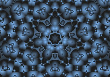 Dijital illüstrasyon, geometrik soyut renkli kaleydoskop simetrik desen ve gradyan etkisi. Klasik güzel dekoratif mavi arkaplan