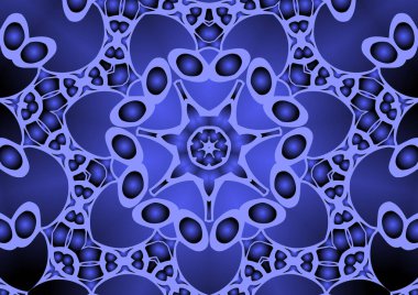 Dijital illüstrasyon, geometrik soyut renkli kaleydoskop simetrik desen ve gradyan etkisi. Klasik güzel dekoratif mavi arkaplan