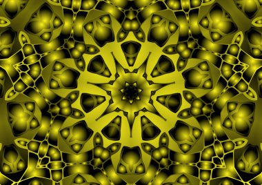 Dijital illüstrasyon, geometrik soyut renkli kaleydoskop simetrik desen ve gradyan etkisi. Klasik güzel dekoratif sarı arkaplan