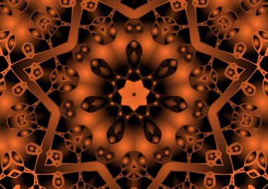 Dijital illüstrasyon, geometrik soyut renkli kaleydoskop simetrik desen ve gradyan etkisi. Klasik güzel dekoratif turuncu arka plan