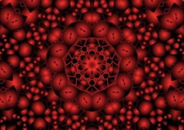Dijital illüstrasyon, geometrik soyut renkli kaleydoskop simetrik desen ve gradyan etkisi. Klasik güzel dekoratif kırmızı arkaplan