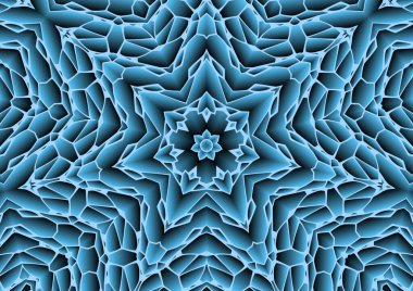 Dijital illüstrasyon, geometrik soyut renkli kaleydoskop simetrik desen ve gradyan etkisi. Klasik güzel dekoratif mavi arkaplan