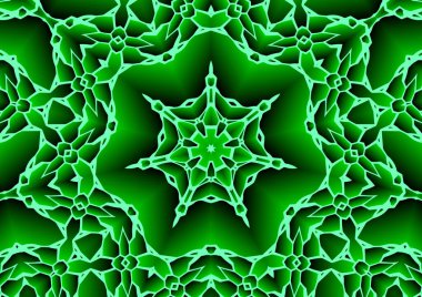 Dijital illüstrasyon, geometrik soyut renkli kaleydoskop simetrik desen ve gradyan etkisi. Klasik güzel dekoratif yeşil arkaplan