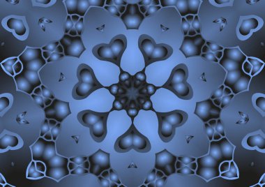 Dijital illüstrasyon, geometrik soyut renkli kaleydoskop simetrik desen ve gradyan etkisi. Klasik güzel dekoratif mavi arkaplan