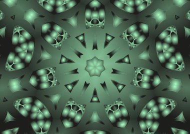 Dijital illüstrasyon, geometrik soyut renkli kaleydoskop simetrik desen ve gradyan etkisi. Klasik güzel dekoratif arkaplan