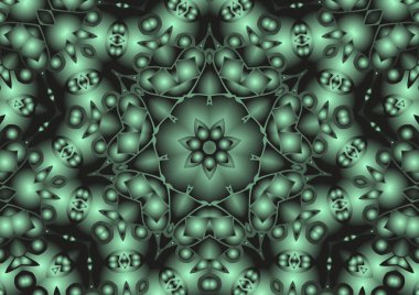 Dijital illüstrasyon, geometrik soyut renkli kaleydoskop simetrik desen ve gradyan etkisi. Klasik güzel dekoratif yeşil arkaplan