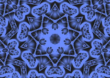 Dijital illüstrasyon, geometrik soyut renkli kaleydoskop simetrik desen ve gradyan etkisi. Klasik güzel dekoratif mavi arkaplan