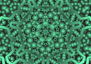 Dijital illüstrasyon, geometrik soyut renkli kaleydoskop simetrik desen ve gradyan etkisi. Klasik güzel dekoratif yeşil arkaplan