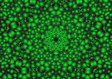 Dijital illüstrasyon, geometrik soyut renkli kaleydoskop simetrik desen ve gradyan etkisi. Klasik güzel dekoratif yeşil arkaplan