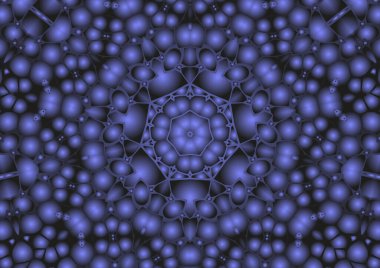 Dijital illüstrasyon, geometrik soyut renkli kaleydoskop simetrik desen ve gradyan etkisi. Klasik güzel dekoratif mavi arkaplan