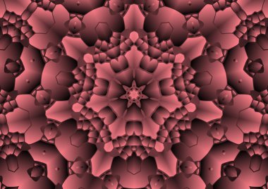 Dijital illüstrasyon, geometrik soyut renkli kaleydoskop simetrik desen ve gradyan etkisi. Klasik güzel dekoratif pembe arkaplan