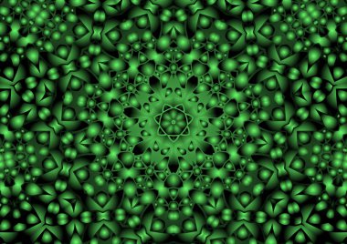 Dijital illüstrasyon, geometrik soyut renkli kaleydoskop simetrik desen ve gradyan etkisi. Klasik güzel dekoratif yeşil arkaplan