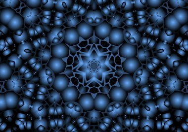 Dijital illüstrasyon, geometrik soyut renkli kaleydoskop simetrik desen ve gradyan etkisi. Klasik güzel dekoratif mavi arkaplan