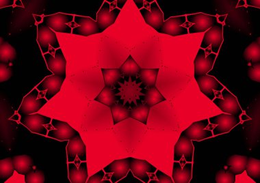 Dijital illüstrasyon, geometrik soyut renkli kaleydoskop simetrik desen ve gradyan etkisi. Klasik güzel dekoratif kırmızı arkaplan