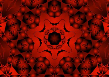 Dijital illüstrasyon, geometrik soyut renkli kaleydoskop simetrik desen ve gradyan etkisi. Klasik güzel dekoratif kırmızı arkaplan