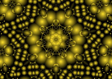 Dijital illüstrasyon, geometrik soyut renkli kaleydoskop simetrik desen ve gradyan etkisi. Klasik güzel dekoratif sarı arkaplan