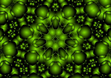 Dijital illüstrasyon, geometrik soyut renkli kaleydoskop simetrik desen ve gradyan etkisi. Klasik güzel dekoratif yeşil arkaplan