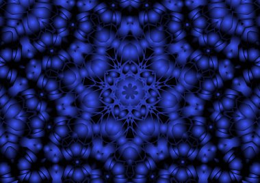 Dijital illüstrasyon, geometrik soyut renkli kaleydoskop simetrik desen ve gradyan etkisi. Klasik güzel dekoratif mavi arkaplan