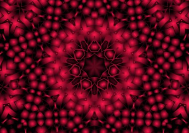 Dijital illüstrasyon, geometrik soyut renkli kaleydoskop simetrik desen ve gradyan etkisi. Klasik güzel dekoratif kırmızı arkaplan