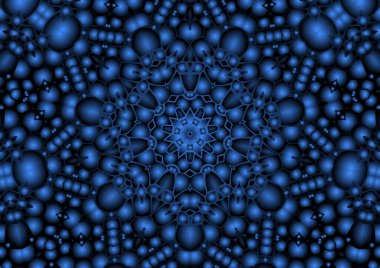 Dijital illüstrasyon, geometrik soyut renkli kaleydoskop simetrik desen ve gradyan etkisi. Klasik güzel dekoratif mavi arkaplan