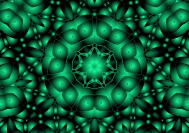 Dijital illüstrasyon, geometrik soyut renkli kaleydoskop simetrik desen ve gradyan etkisi. Klasik güzel dekoratif yeşil arkaplan