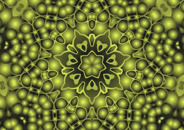 Dijital illüstrasyon, geometrik soyut renkli kaleydoskop simetrik desen ve gradyan etkisi. Klasik güzel dekoratif sarı arkaplan