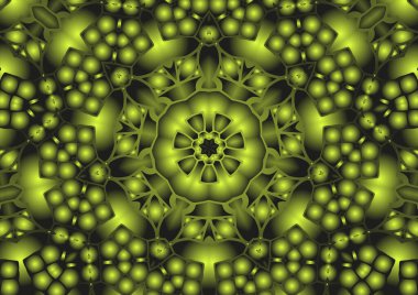 Dijital illüstrasyon, geometrik soyut renkli kaleydoskop simetrik desen ve gradyan etkisi. Klasik güzel dekoratif sarı arkaplan