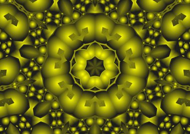 Dijital illüstrasyon, geometrik soyut renkli kaleydoskop simetrik desen ve gradyan etkisi. Klasik güzel dekoratif sarı arkaplan