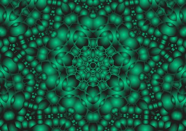Dijital illüstrasyon, geometrik soyut renkli kaleydoskop simetrik desen ve gradyan etkisi. Klasik güzel dekoratif yeşil arkaplan