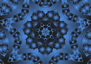 Dijital illüstrasyon, geometrik soyut renkli kaleydoskop simetrik desen ve gradyan etkisi. Klasik güzel dekoratif mavi arkaplan