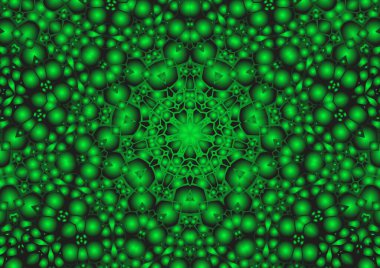 Dijital illüstrasyon, geometrik soyut renkli kaleydoskop simetrik desen ve gradyan etkisi. Klasik güzel dekoratif yeşil arkaplan