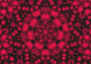 Dijital illüstrasyon, geometrik soyut renkli kaleydoskop simetrik desen ve gradyan etkisi. Klasik güzel dekoratif kırmızı arkaplan